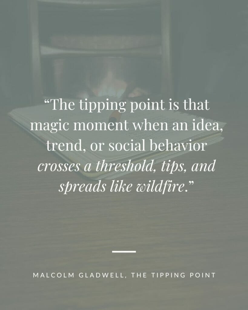 Graphic with the quote: “The tipping point is that magic moment when an idea, trend, or social behavior crosses a threshold, tips, and spreads like wildfire.”