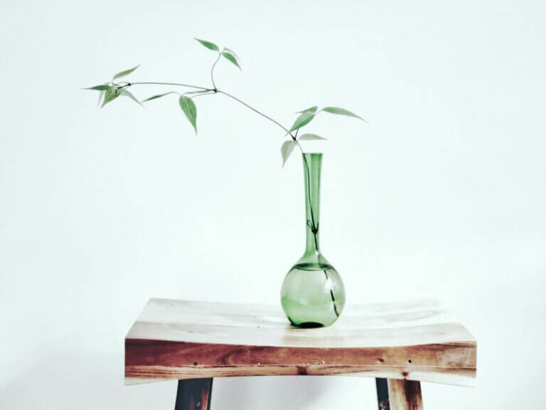 Minimalist Design - bud vase with branch on a simple wooden table